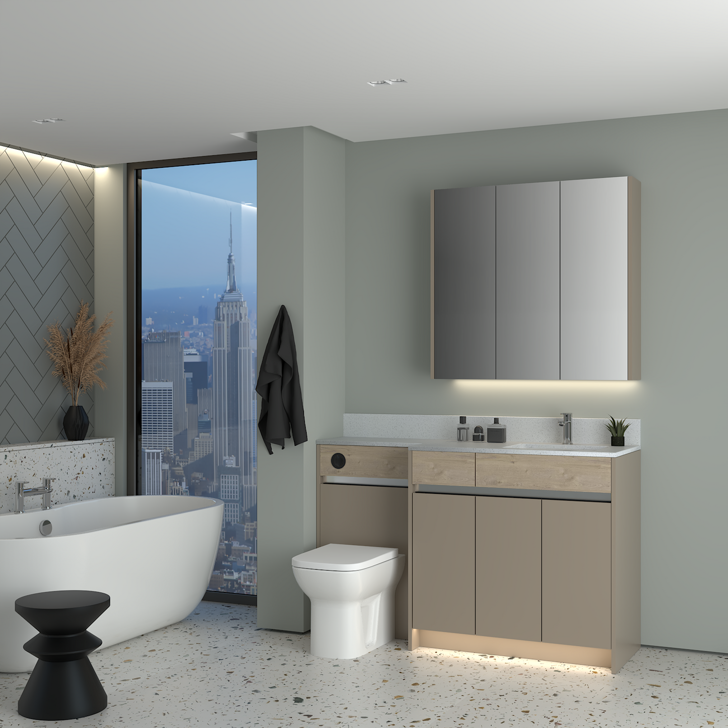 ELANA OAK / MATT WITH CHROME PROFILE & TAP BASE & WALL UNITS BATHROOM FITTED FURNITURE