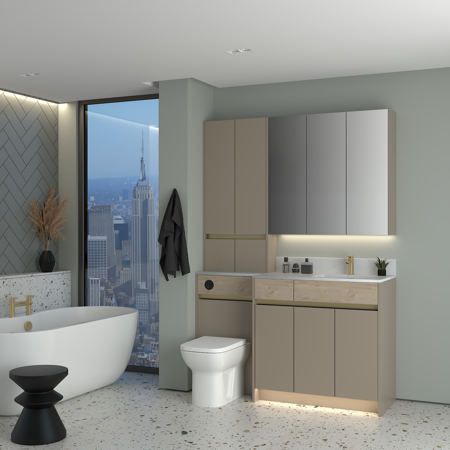 ELANA OAK / MATT WITH BRASS PROFILE & TAP BASE, TALL & WALL UNITS BATHROOM FITTED FURNITURE
