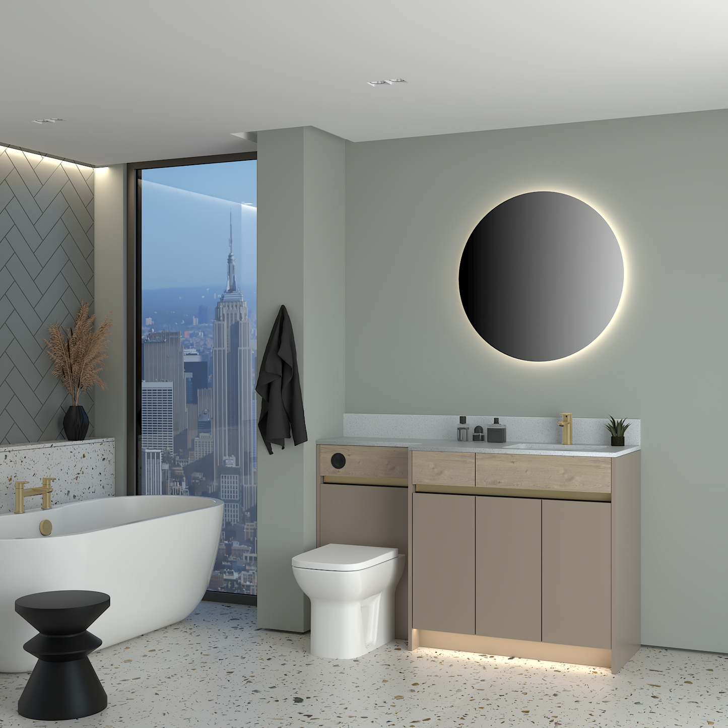 ELANA OAK / MATT WITH BRASS PROFILE & TAP BASE UNITS BATHROOM FITTED FURNITURE