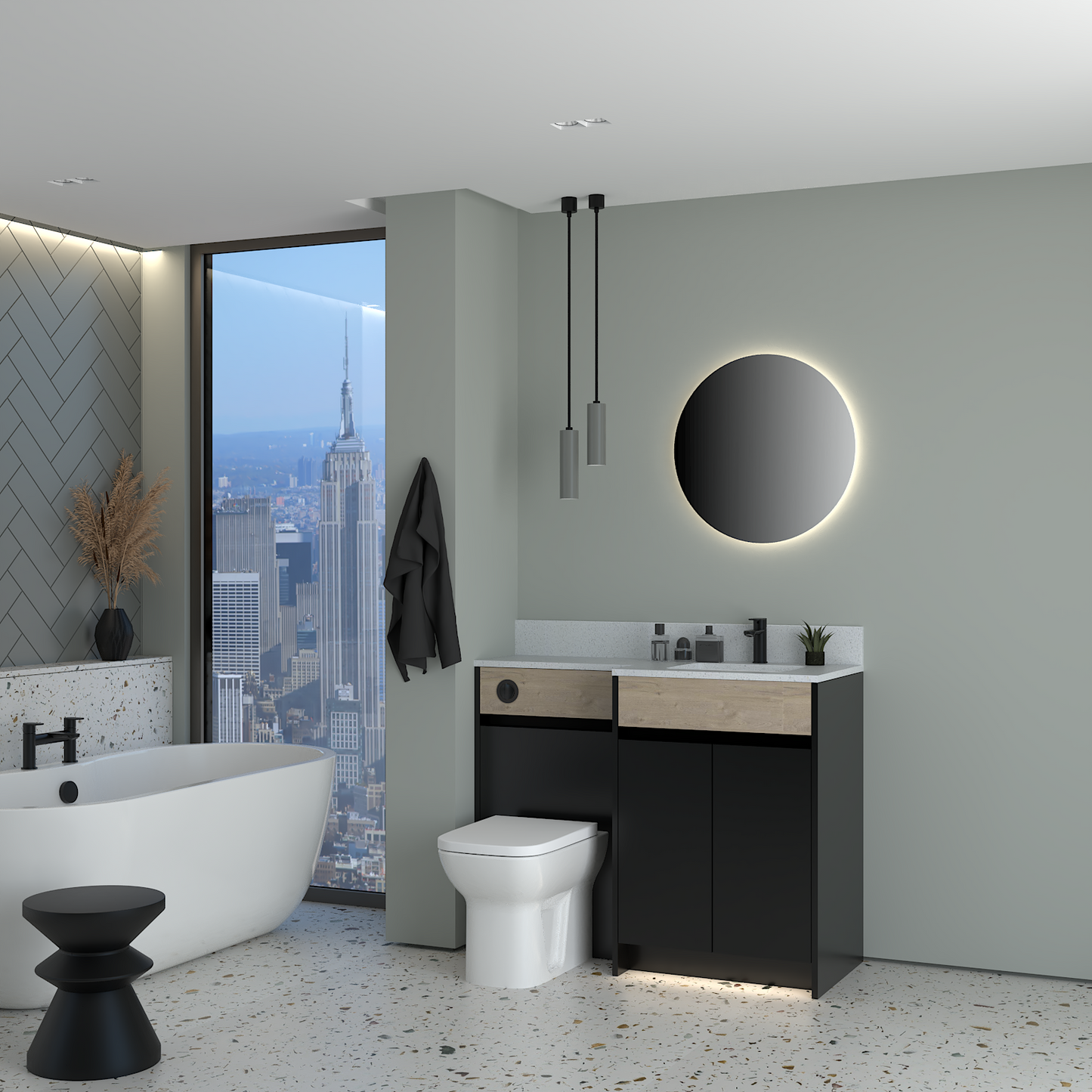 ELANA OAK / MATT WITH BLACK PROFILE & TAP BASE UNITS BATHROOM FITTED FURNITURE