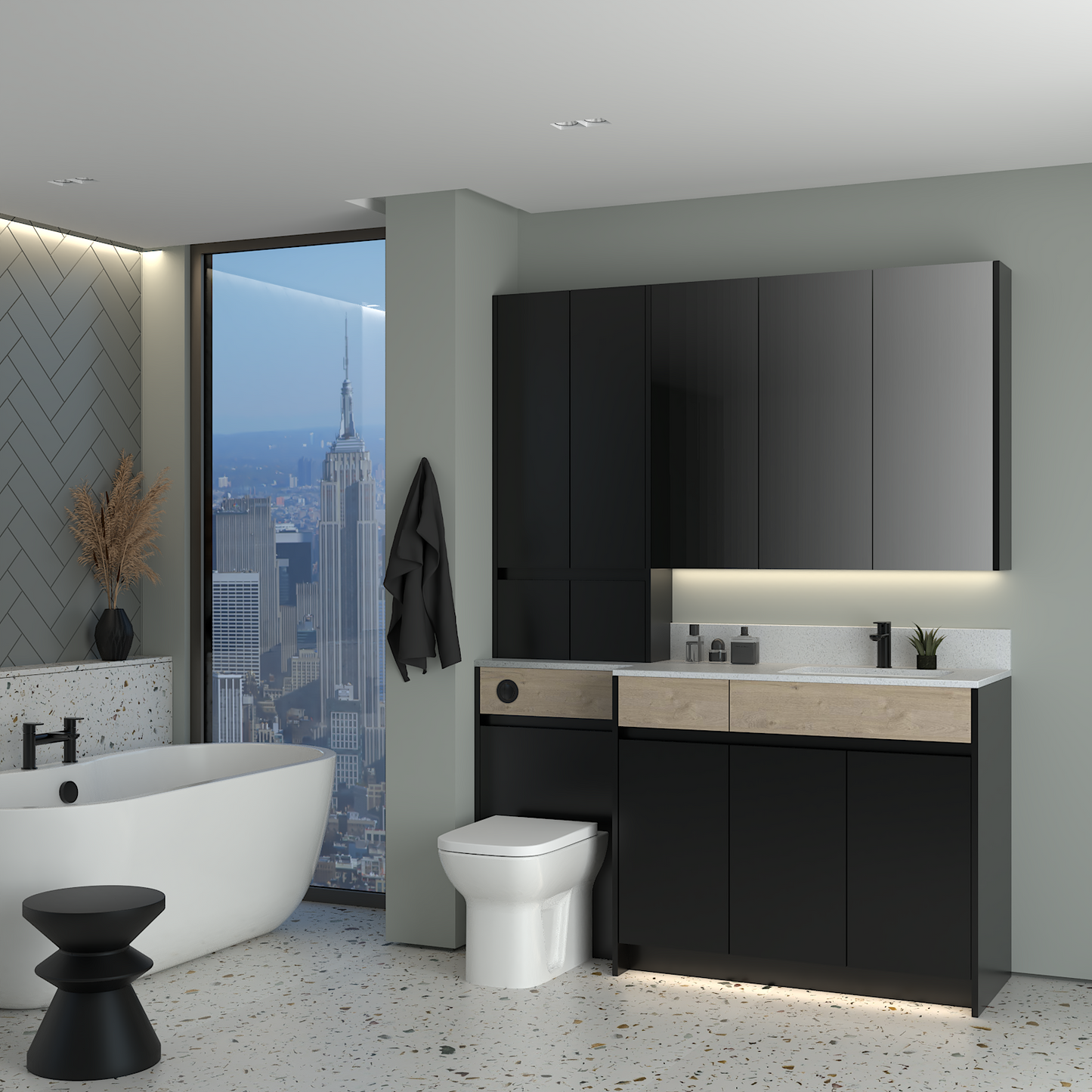 ELANA OAK / MATT WITH BLACK PROFILE & TAP BASE, TALL & WALL UNITS BATHROOM FITTED FURNITURE