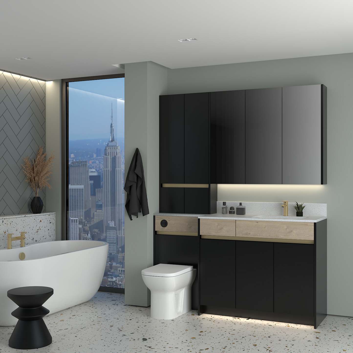 ELANA OAK / MATT WITH BRASS PROFILE & TAP BASE, TALL & WALL UNITS BATHROOM FITTED FURNITURE
