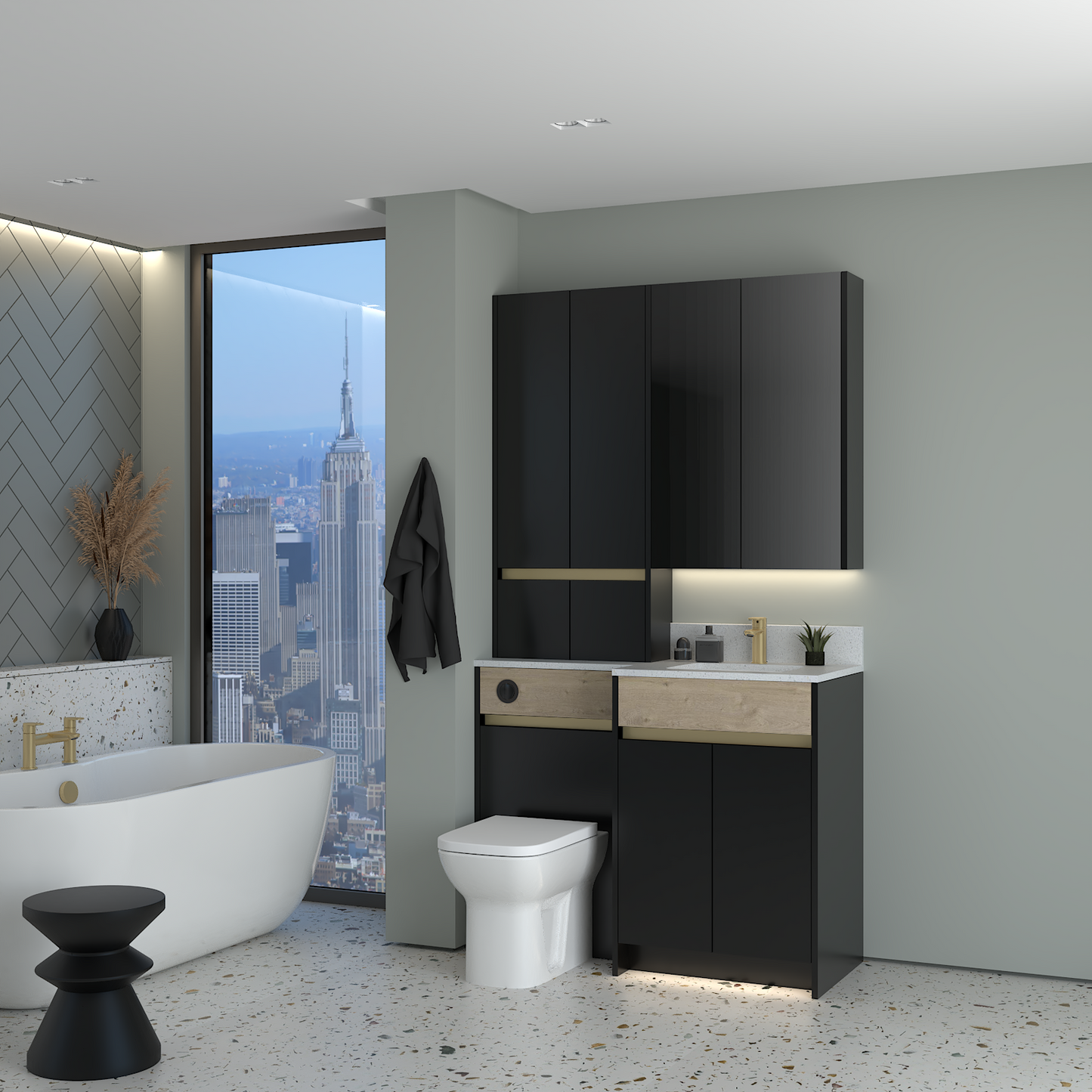 ELANA OAK / MATT WITH BRASS PROFILE & TAP BASE, TALL & WALL UNITS BATHROOM FITTED FURNITURE