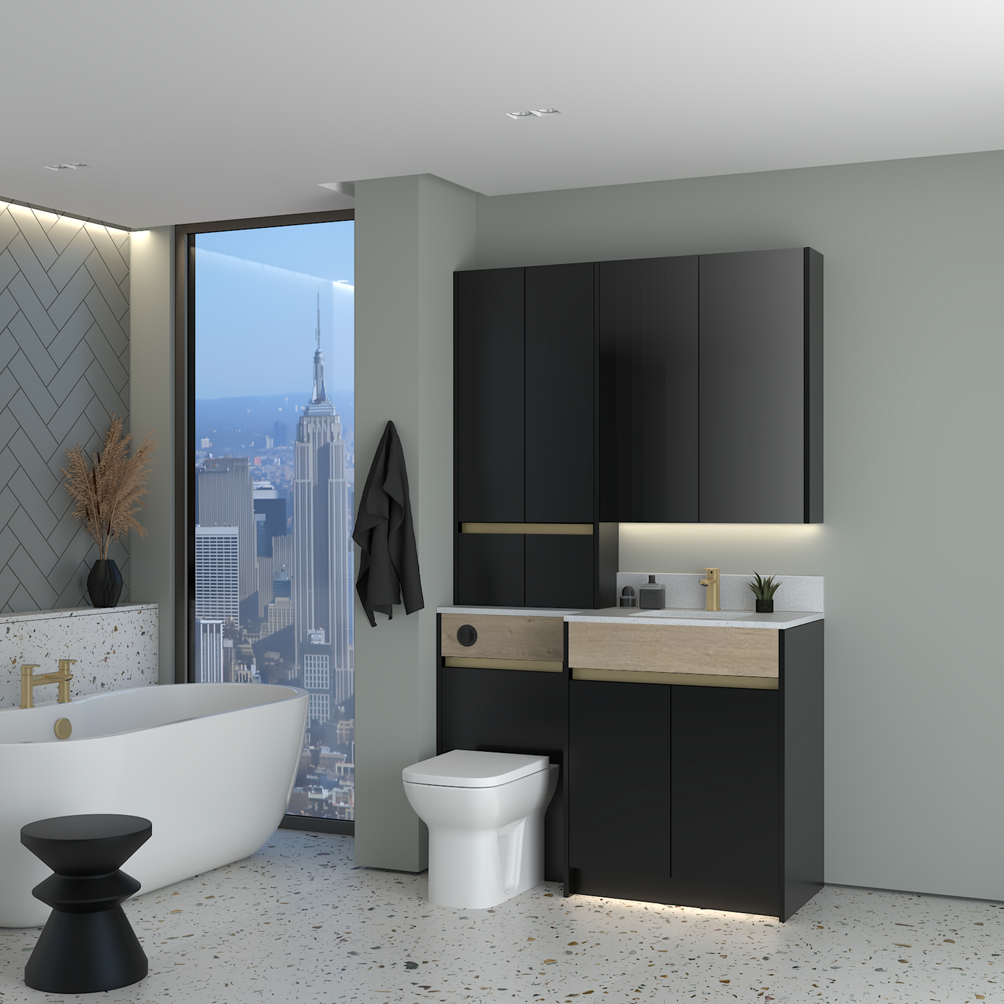 ELANA OAK / MATT WITH BRASS PROFILE & TAP BASE, TALL & WALL UNITS BATHROOM FITTED FURNITURE