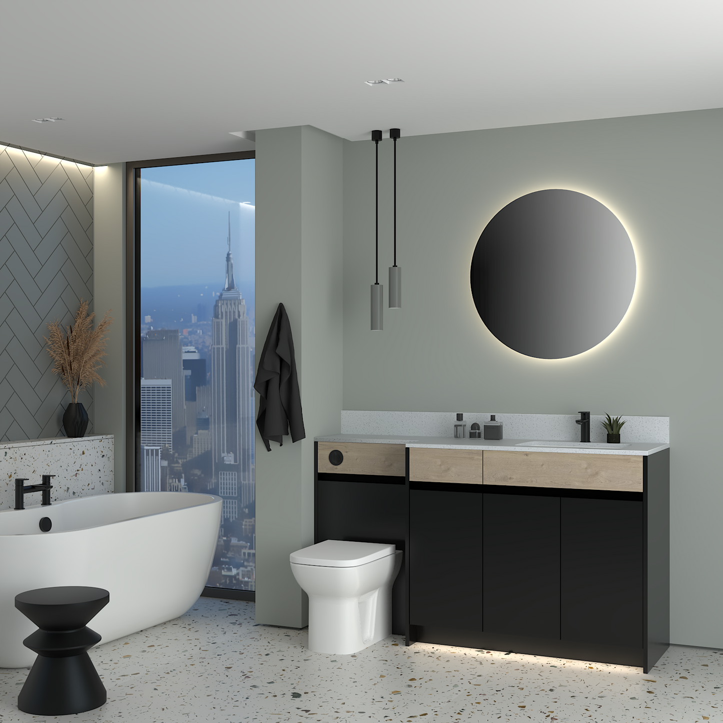 ELANA OAK / MATT WITH BLACK PROFILE & TAP BASE UNITS BATHROOM FITTED FURNITURE