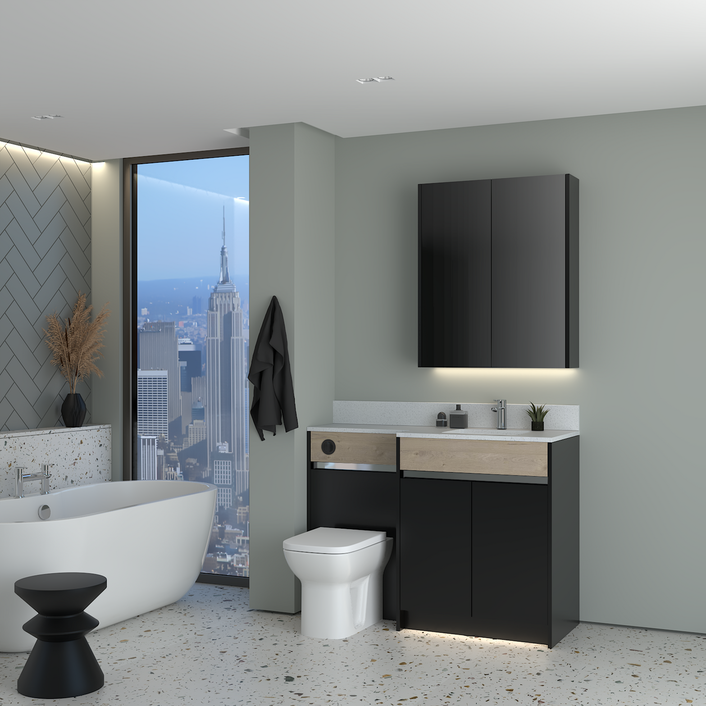 ELANA OAK / MATT WITH CHROME PROFILE & TAP BASE & WALL UNITS BATHROOM FITTED FURNITURE
