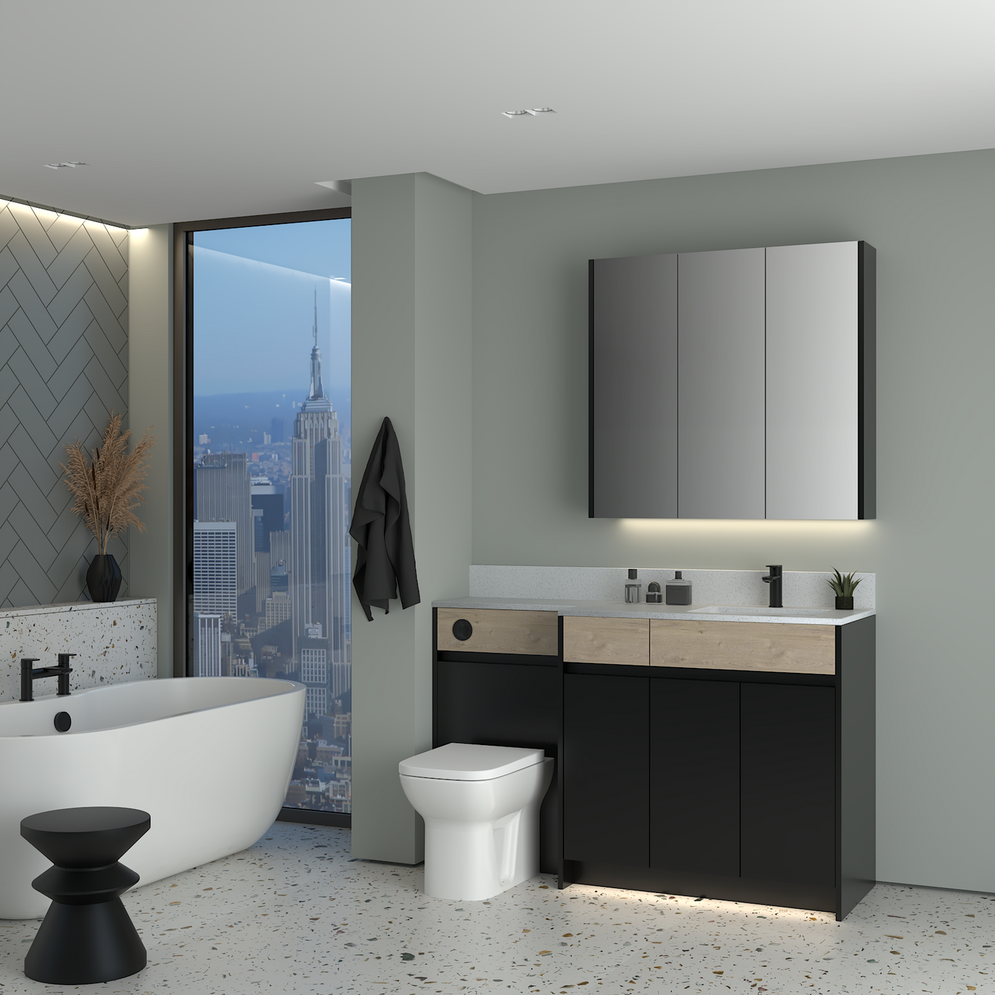 ELANA OAK / MATT WITH BLACK PROFILE & TAP BASE & WALL UNITS BATHROOM FITTED FURNITURE
