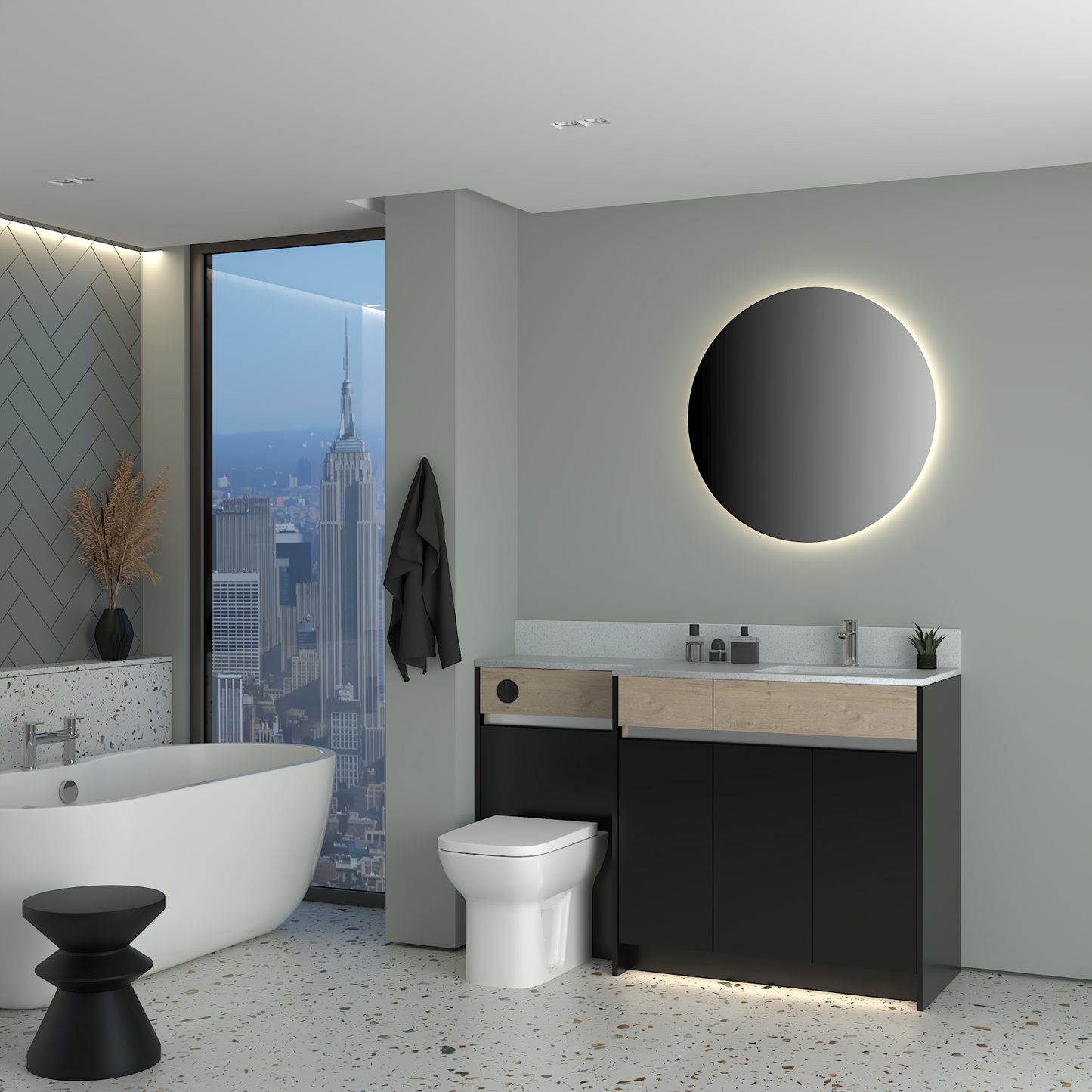 ELANA OAK / MATT WITH CHROME PROFILE & TAP BASE UNITS BATHROOM FITTED FURNITURE