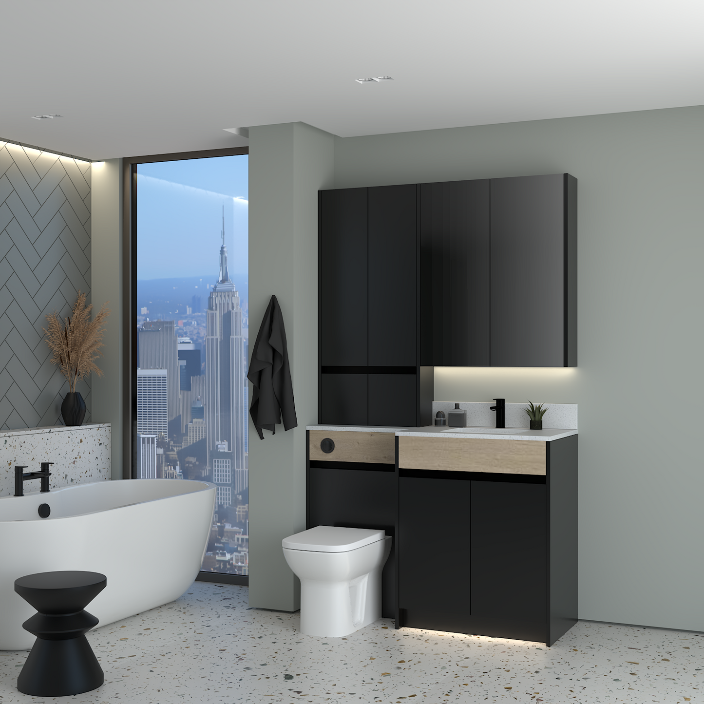 ELANA OAK / MATT WITH BLACK PROFILE & TAP BASE, TALL & WALL UNITS BATHROOM FITTED FURNITURE