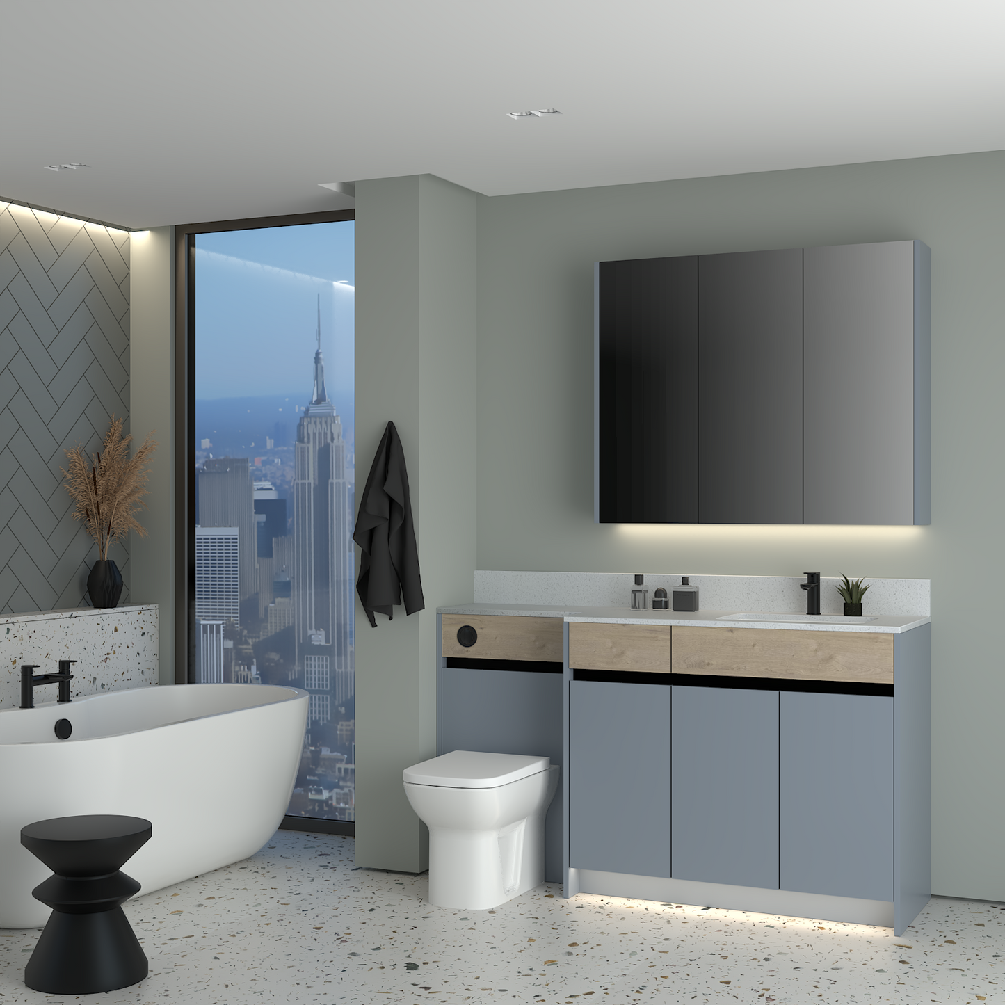 ELANA OAK / MATT WITH BLACK PROFILE & TAP BASE & WALL UNITS BATHROOM FITTED FURNITURE