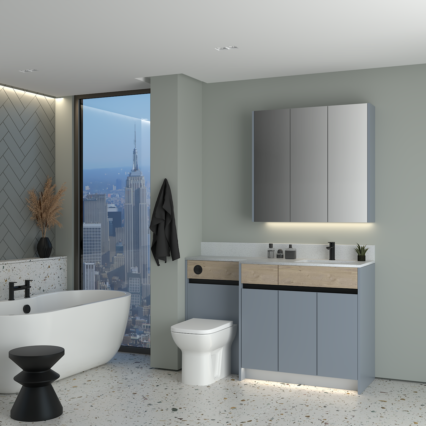 ELANA OAK / MATT WITH BLACK PROFILE & TAP BASE & WALL UNITS BATHROOM FITTED FURNITURE