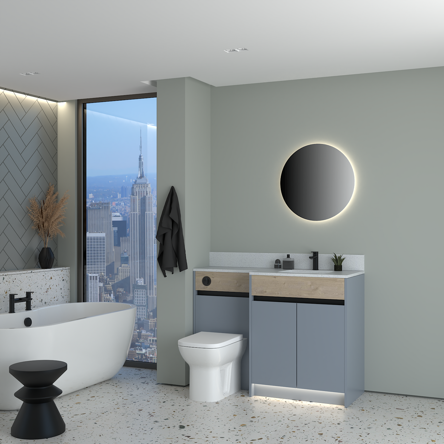 ELANA OAK / MATT WITH BLACK PROFILE & TAP BASE UNITS BATHROOM FITTED FURNITURE