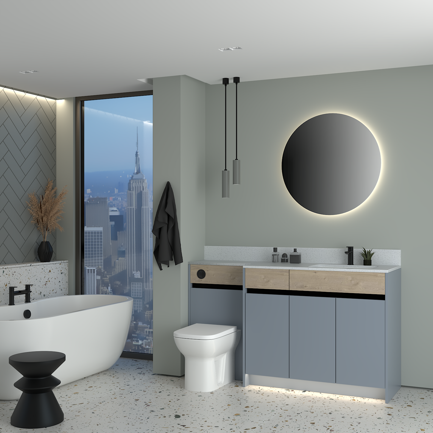 ELANA OAK / MATT WITH BLACK PROFILE & TAP BASE UNITS BATHROOM FITTED FURNITURE