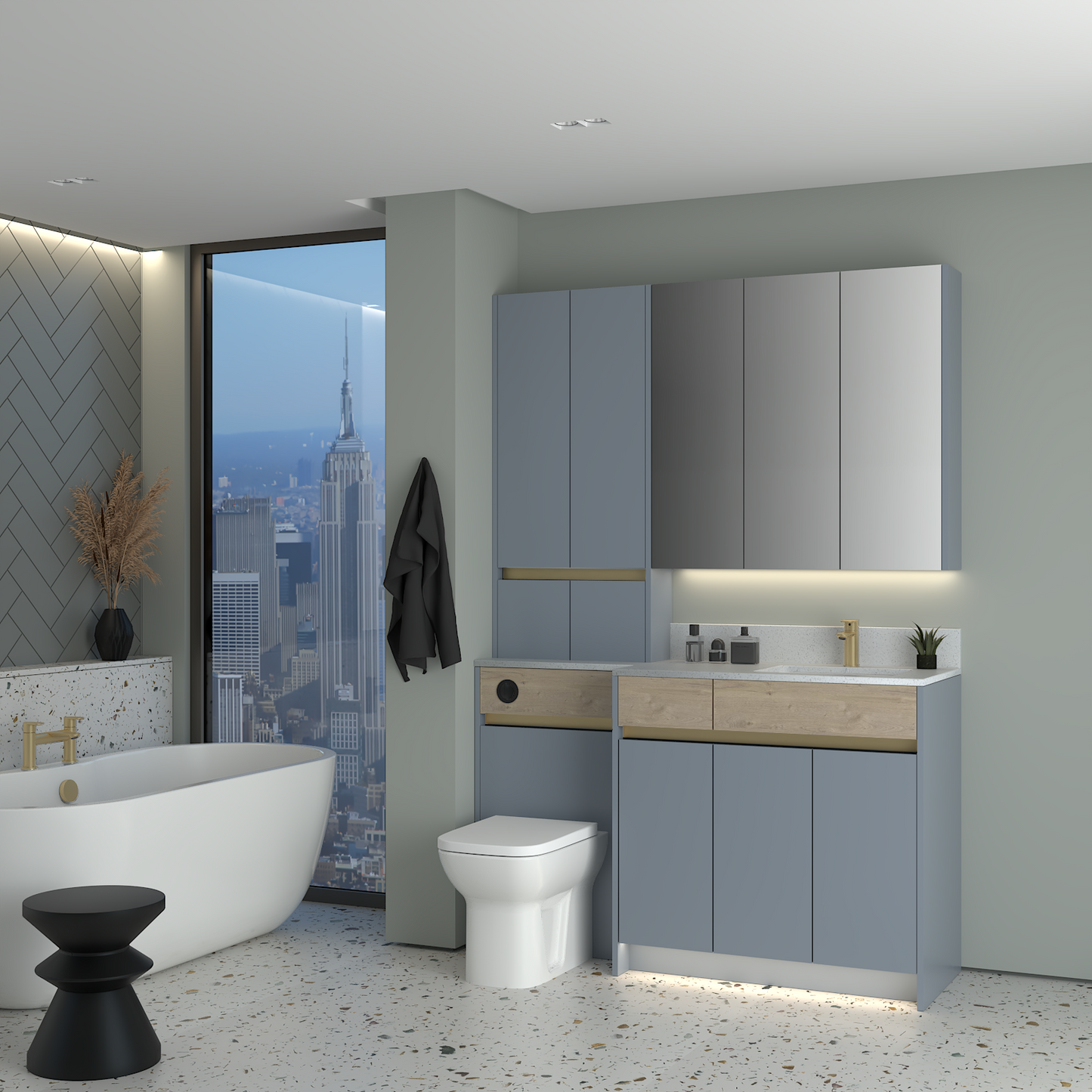 ELANA OAK / MATT WITH BRASS PROFILE & TAP BASE, TALL & WALL UNITS BATHROOM FITTED FURNITURE