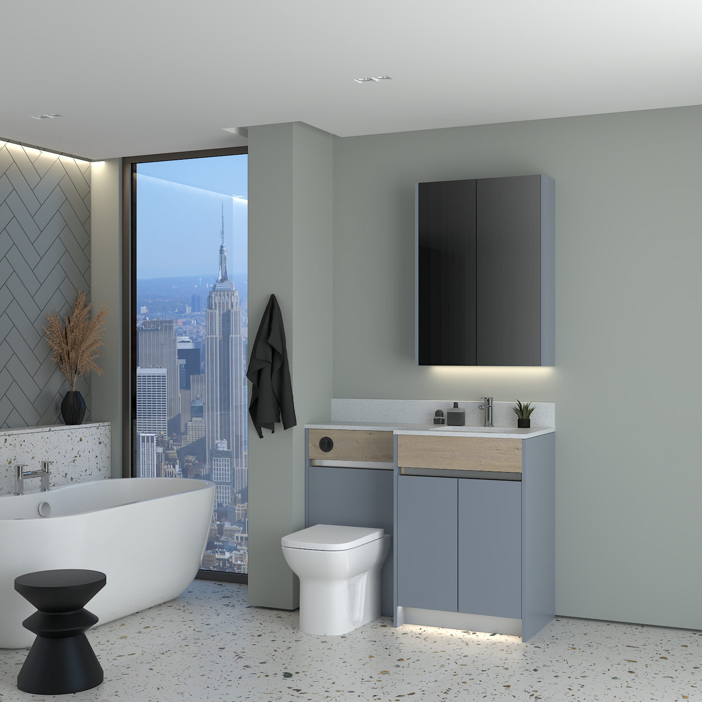 ELANA OAK / MATT WITH CHROME PROFILE & TAP BASE & WALL UNITS BATHROOM FITTED FURNITURE