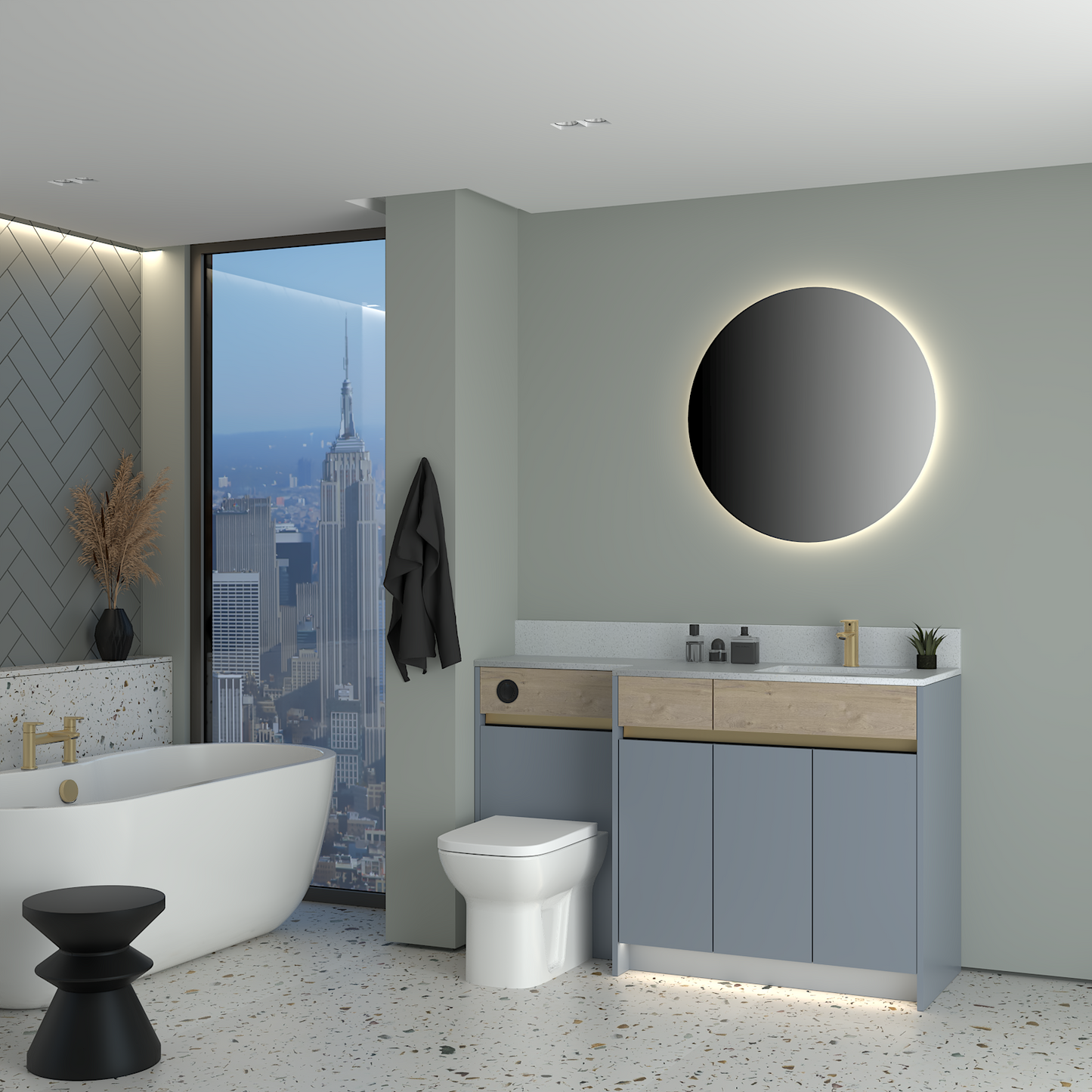 ELANA OAK / MATT WITH BRASS PROFILE & TAP BASE UNITS BATHROOM FITTED FURNITURE