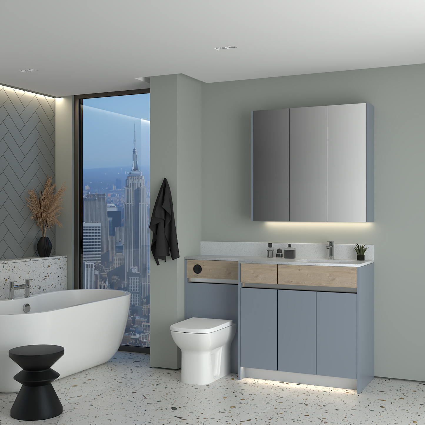 ELANA OAK / MATT WITH CHROME PROFILE & TAP BASE & WALL UNITS BATHROOM FITTED FURNITURE
