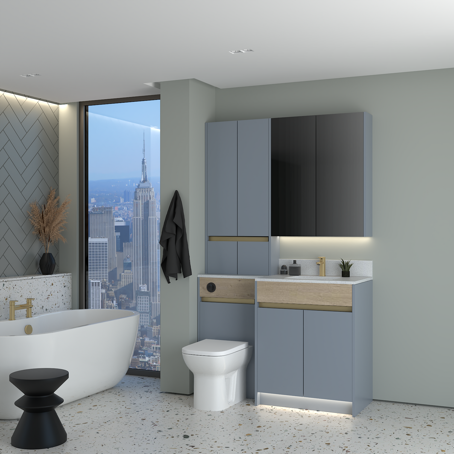 ELANA OAK / MATT WITH BRASS PROFILE & TAP BASE, TALL & WALL UNITS BATHROOM FITTED FURNITURE