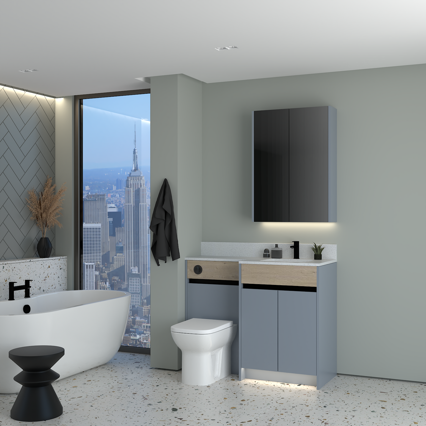 ELANA OAK / MATT WITH BLACK PROFILE & TAP BASE & WALL UNITS BATHROOM FITTED FURNITURE