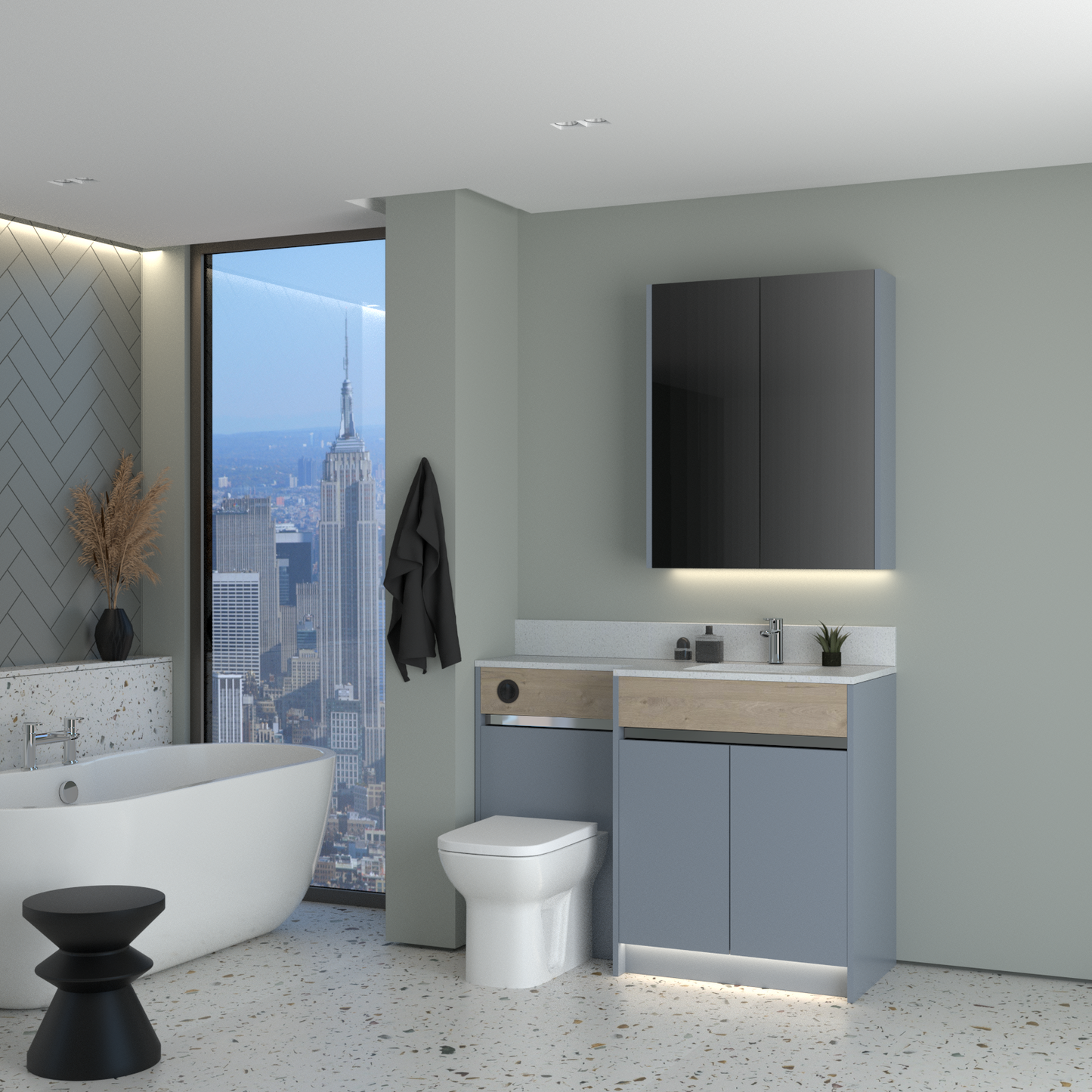 ELANA OAK / MATT WITH CHROME PROFILE & TAP BASE & WALL UNITS BATHROOM FITTED FURNITURE