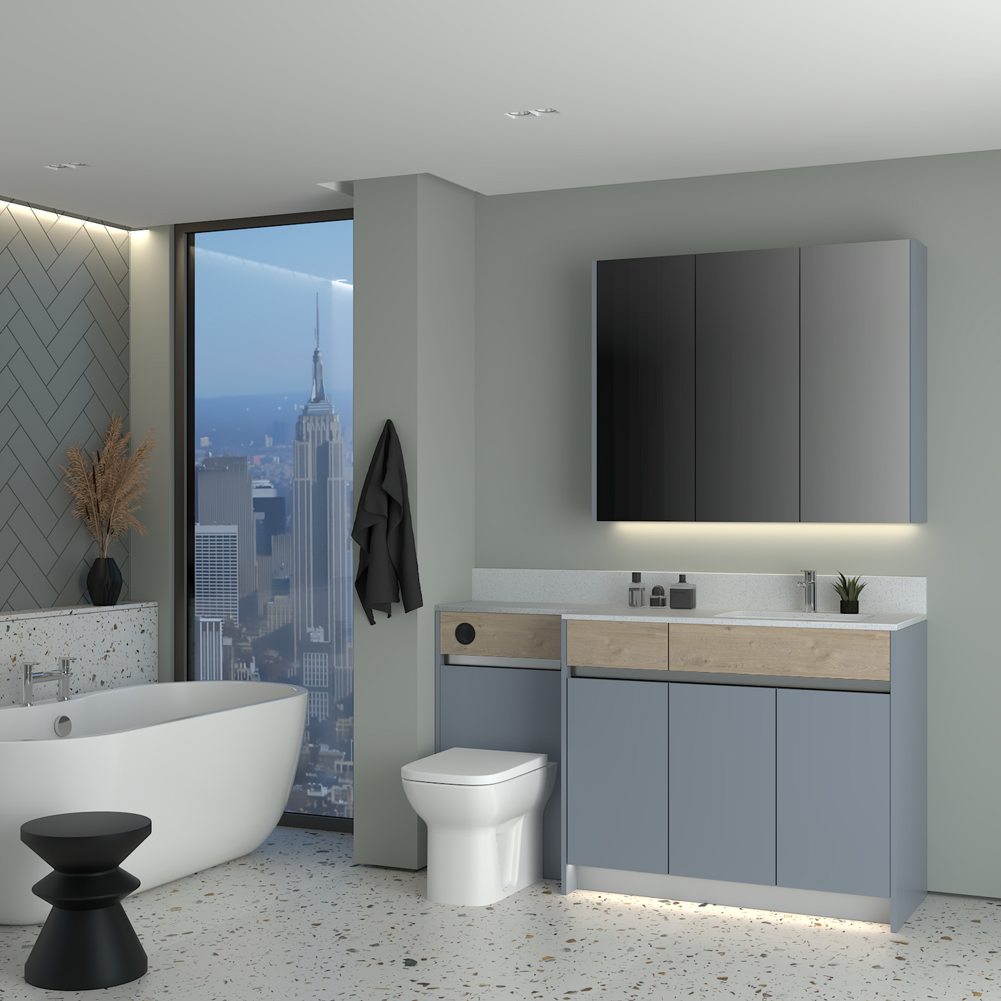 ELANA OAK / MATT WITH CHROME PROFILE & TAP BASE & WALL UNITS BATHROOM FITTED FURNITURE