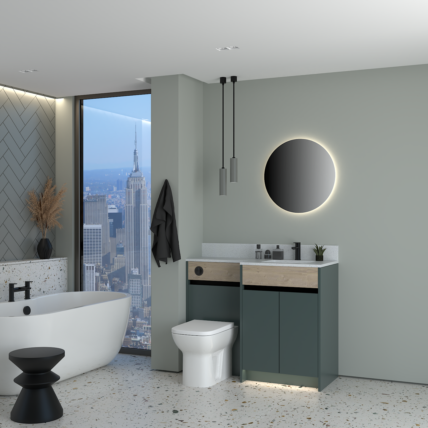 ELANA OAK / MATT WITH BLACK PROFILE & TAP BASE UNITS BATHROOM FITTED FURNITURE