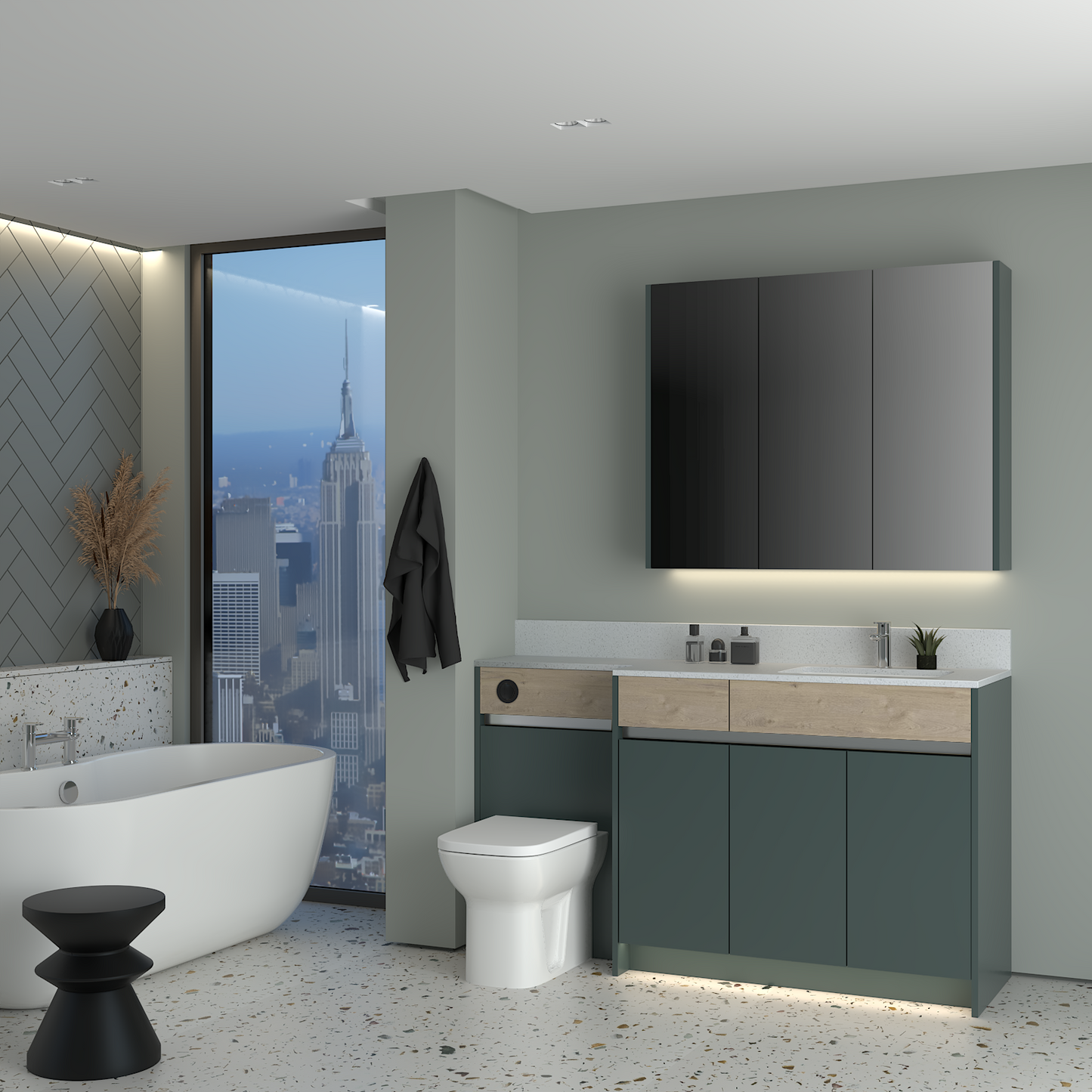 ELANA OAK / MATT WITH CHROME PROFILE & TAP BASE & WALL UNITS BATHROOM FITTED FURNITURE