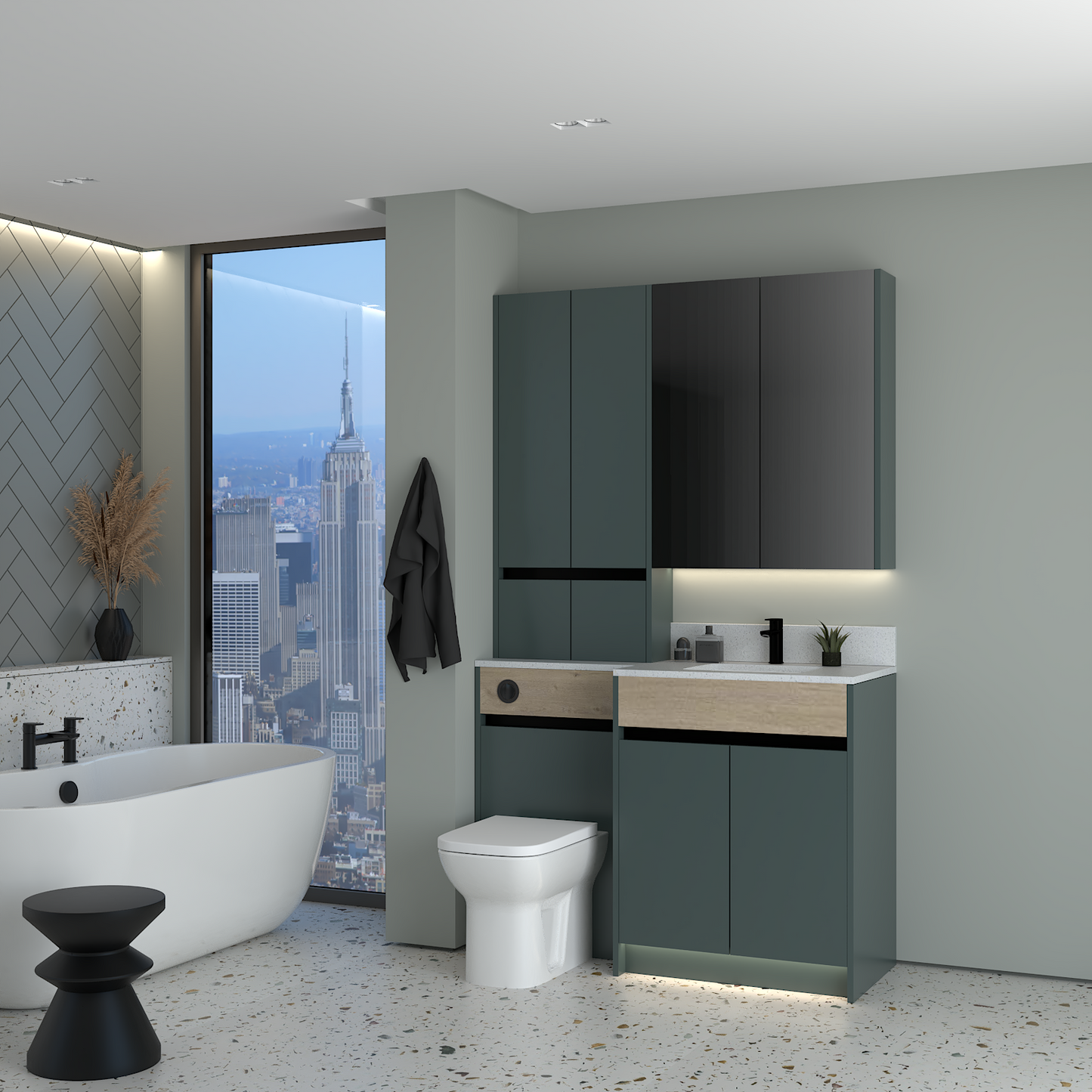 ELANA OAK / MATT WITH BLACK PROFILE & TAP BASE, TALL & WALL UNITS BATHROOM FITTED FURNITURE
