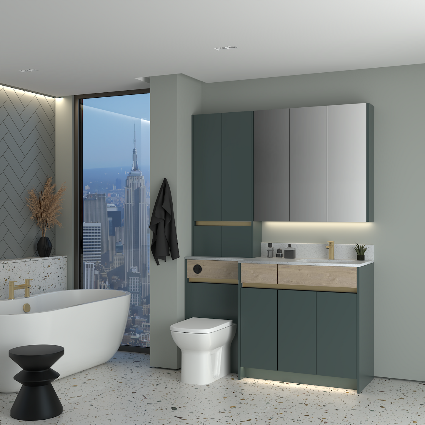 ELANA OAK / MATT WITH BRASS PROFILE & TAP BASE, TALL & WALL UNITS BATHROOM FITTED FURNITURE