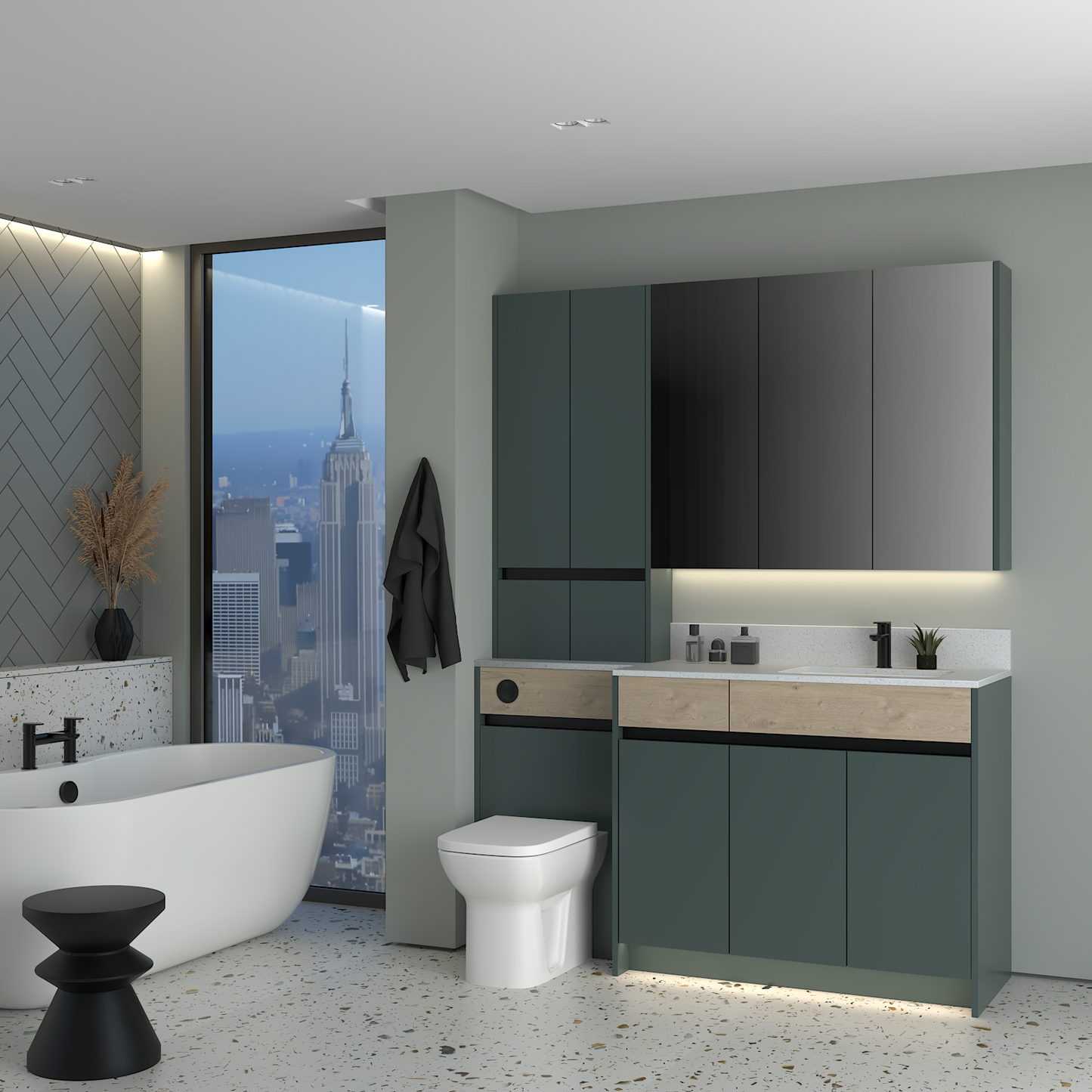 ELANA OAK / MATT WITH BLACK PROFILE & TAP BASE, TALL & WALL UNITS BATHROOM FITTED FURNITURE