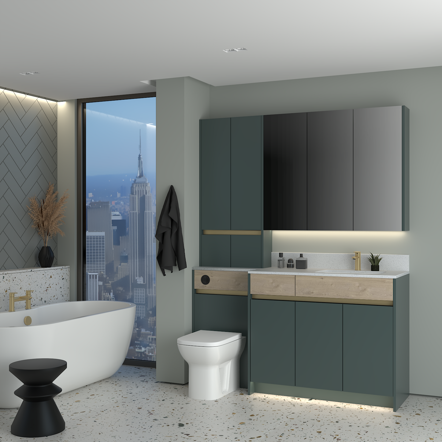 ELANA OAK / MATT WITH BRASS PROFILE & TAP BASE, TALL & WALL UNITS BATHROOM FITTED FURNITURE