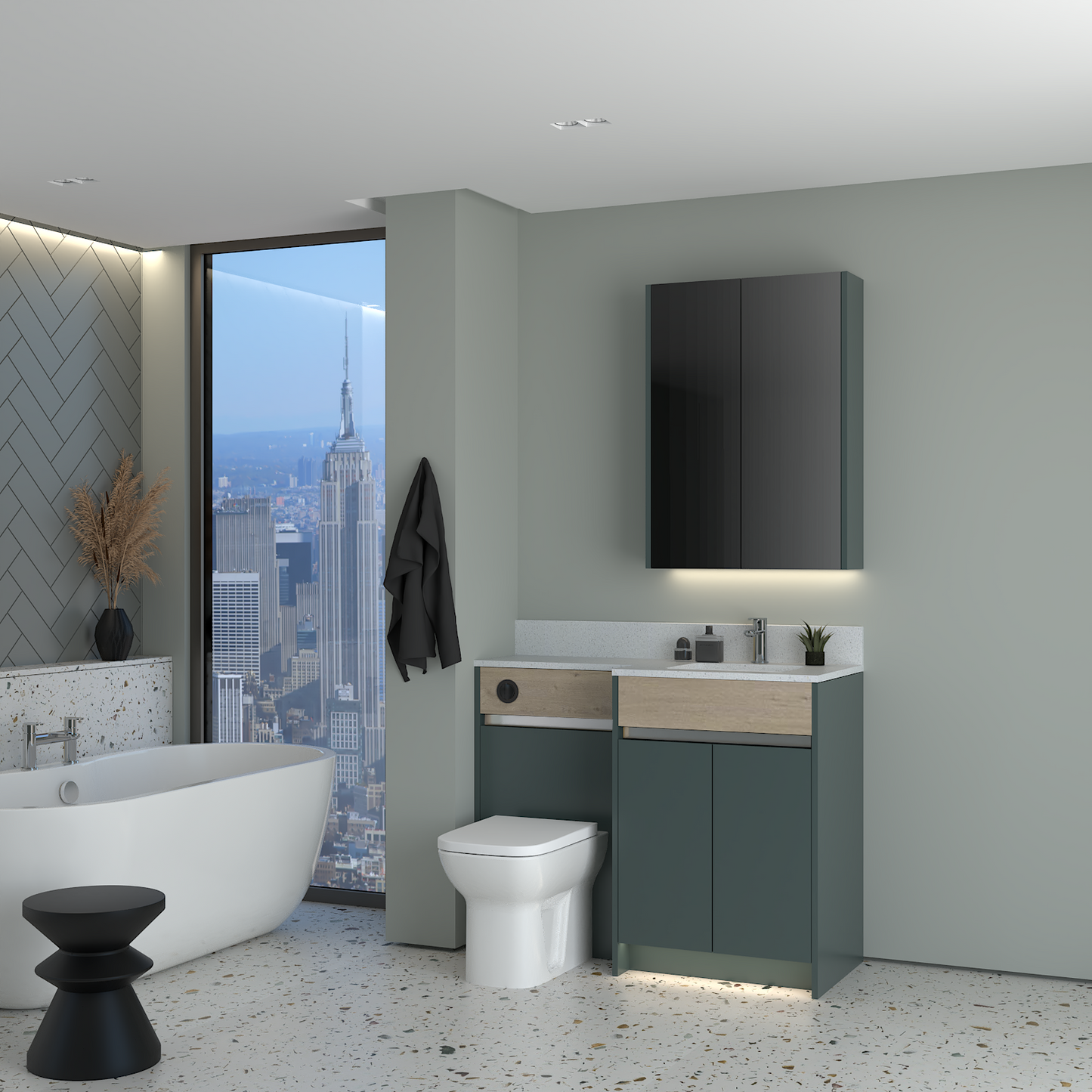ELANA OAK / MATT WITH CHROME PROFILE & TAP BASE & WALL UNITS BATHROOM FITTED FURNITURE