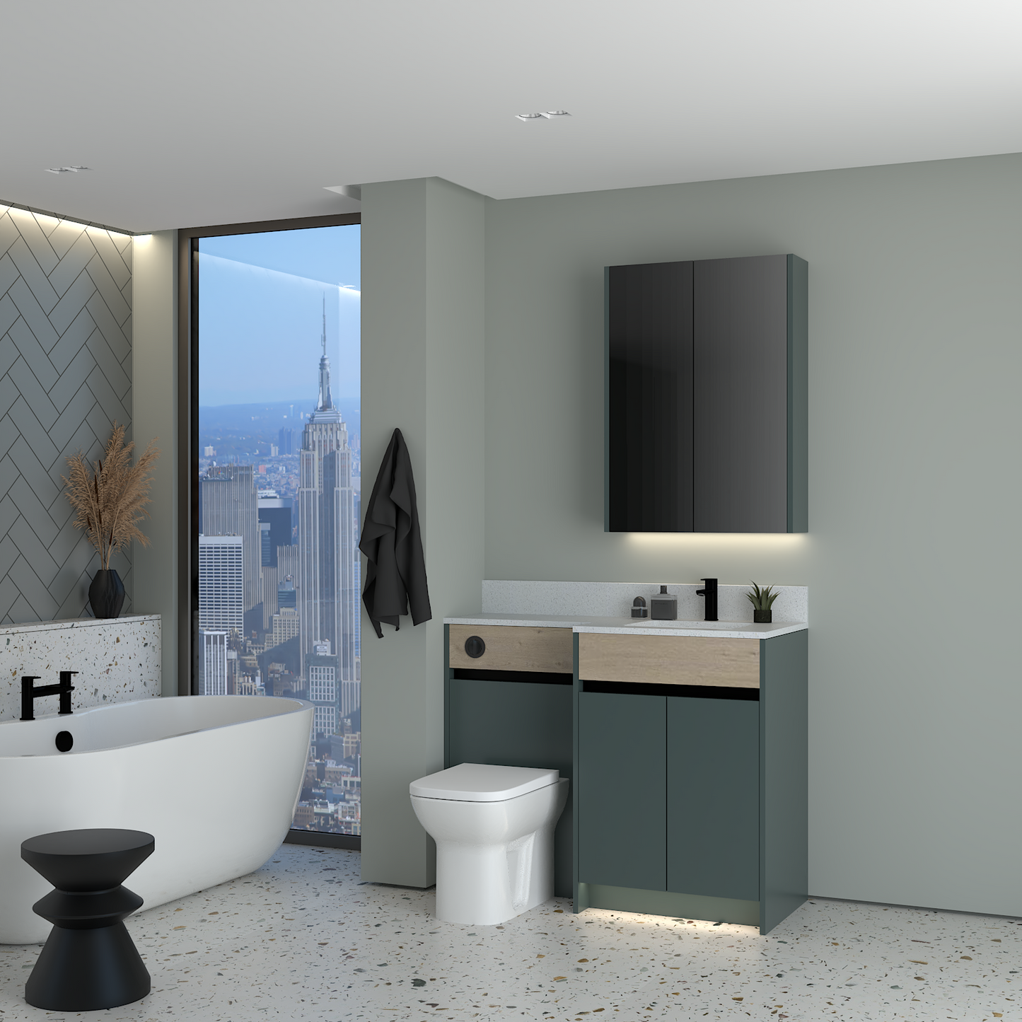 ELANA OAK / MATT WITH BLACK PROFILE & TAP BASE & WALL UNITS BATHROOM FITTED FURNITURE