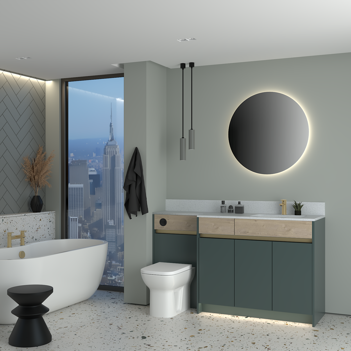 ELANA OAK / MATT WITH BRASS PROFILE & TAP BASE UNITS BATHROOM FITTED FURNITURE