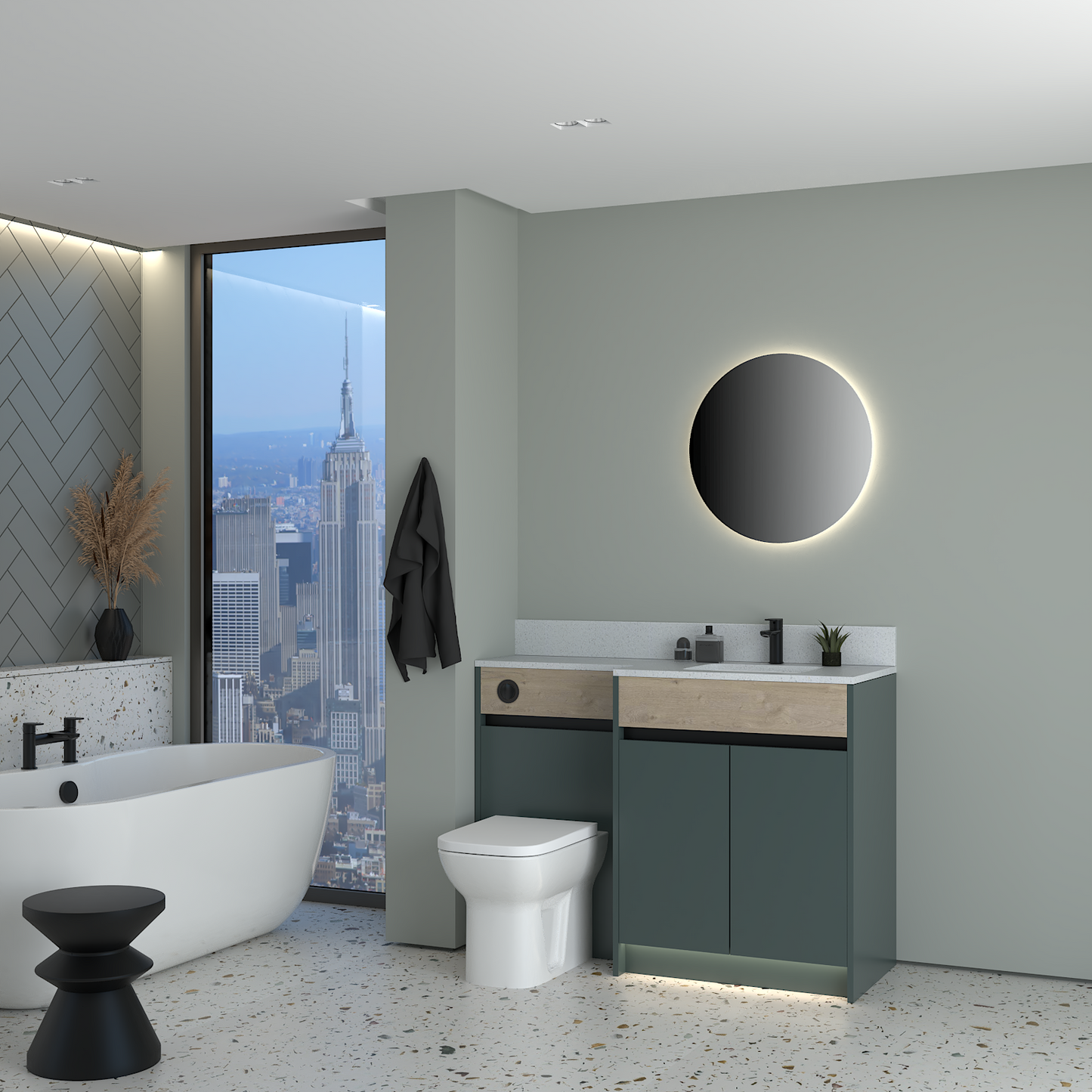 ELANA OAK / MATT WITH BLACK PROFILE & TAP BASE UNITS BATHROOM FITTED FURNITURE