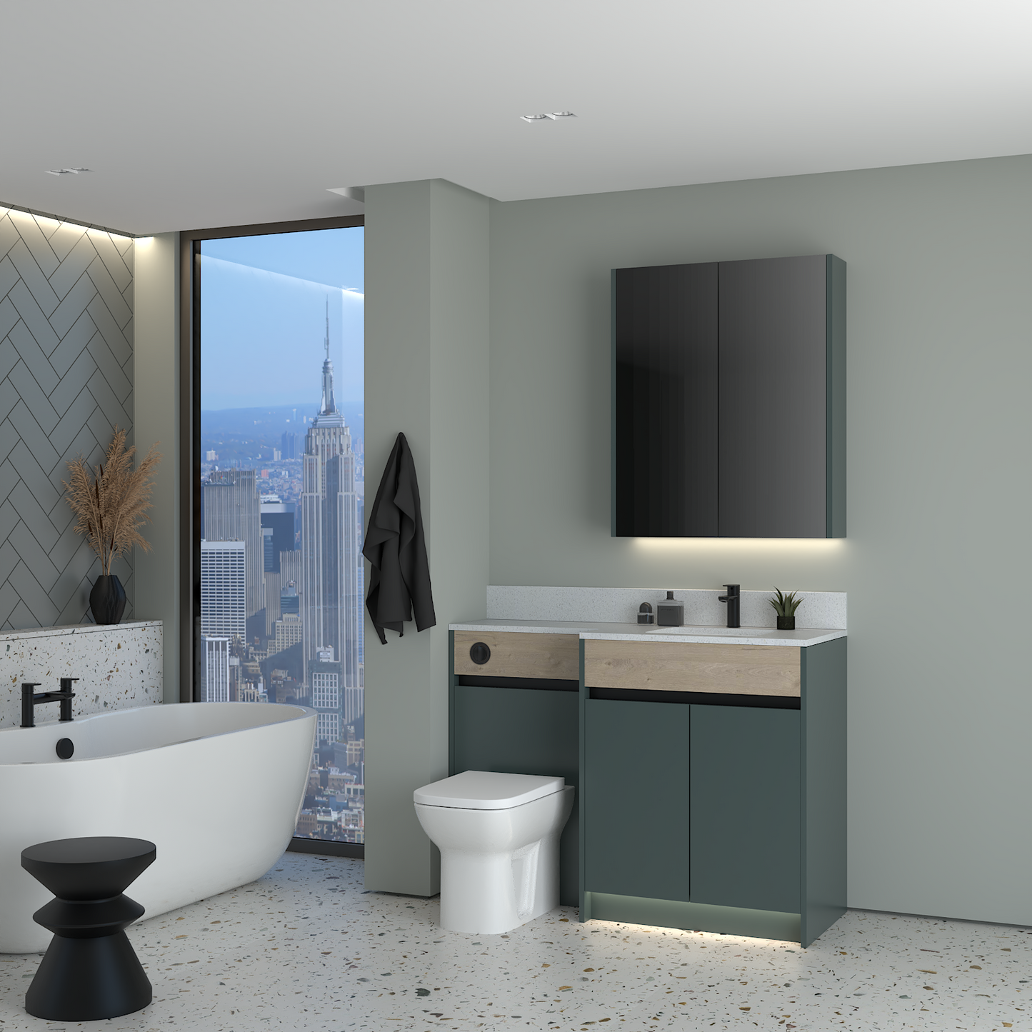 ELANA OAK / MATT WITH BLACK PROFILE & TAP BASE & WALL UNITS BATHROOM FITTED FURNITURE
