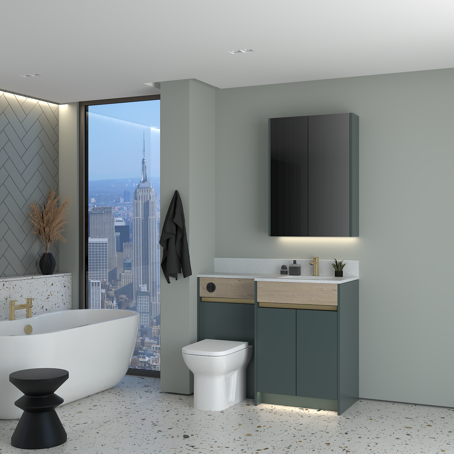 ELANA OAK / MATT WITH BRASS PROFILE & TAP BASE & WALL UNITS BATHROOM FITTED FURNITURE