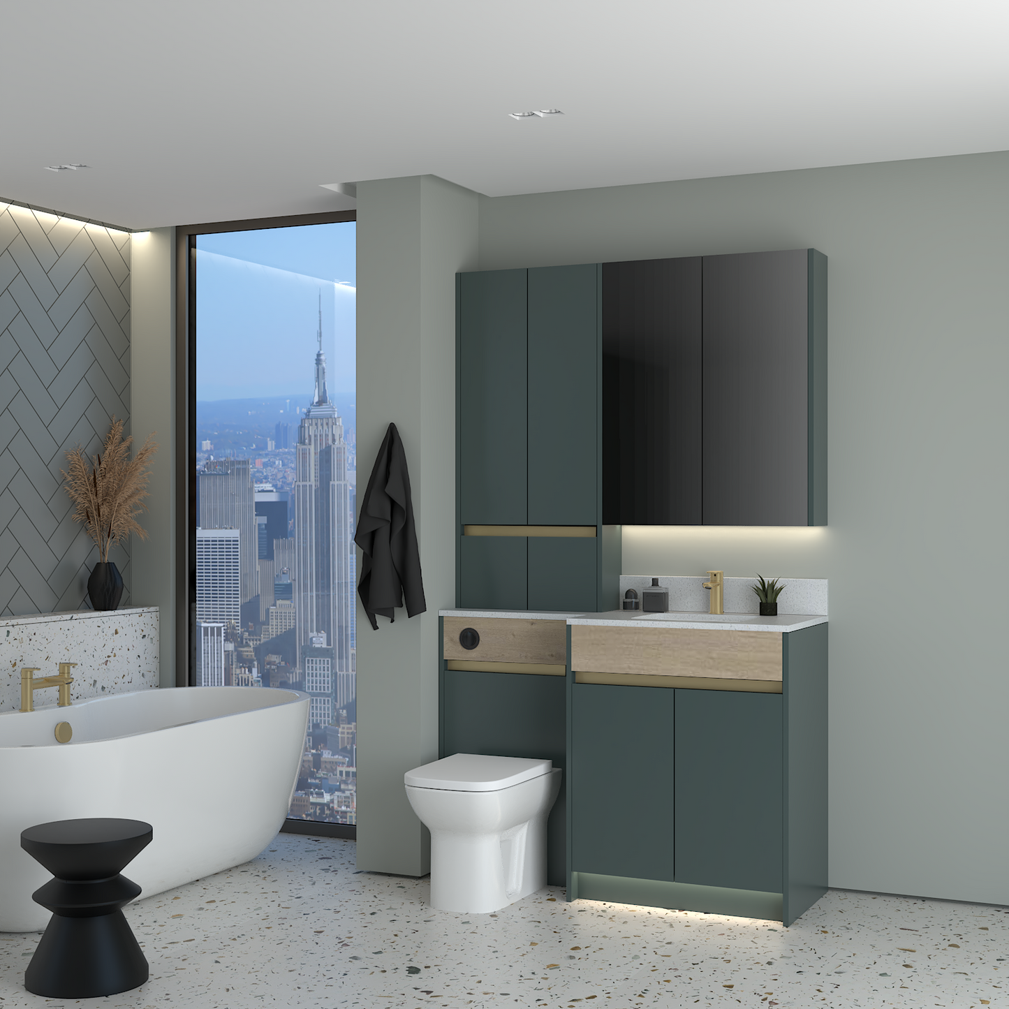 ELANA OAK / MATT WITH BRASS PROFILE & TAP BASE, TALL & WALL UNITS BATHROOM FITTED FURNITURE