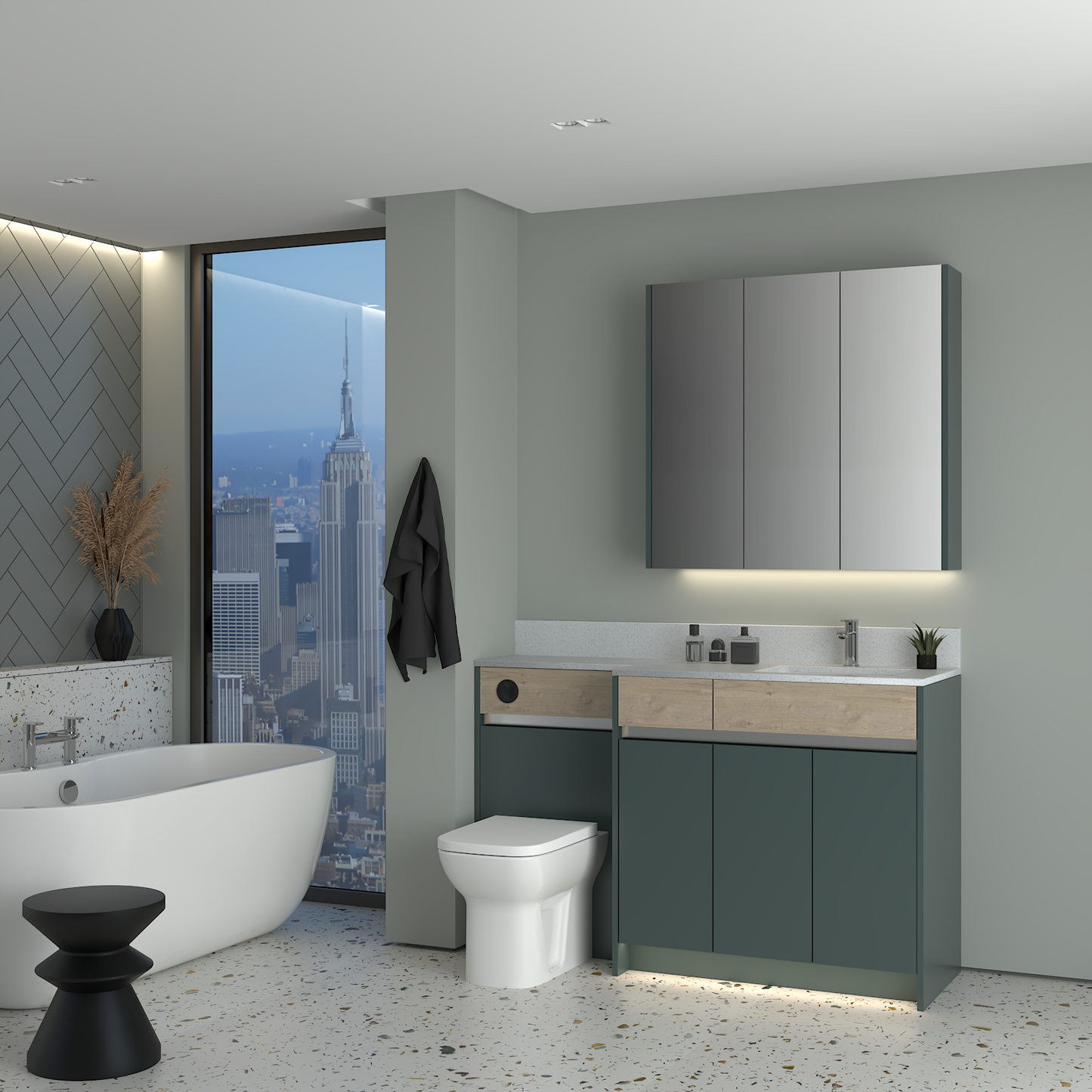 ELANA OAK / MATT WITH CHROME PROFILE & TAP BASE & WALL UNITS BATHROOM FITTED FURNITURE