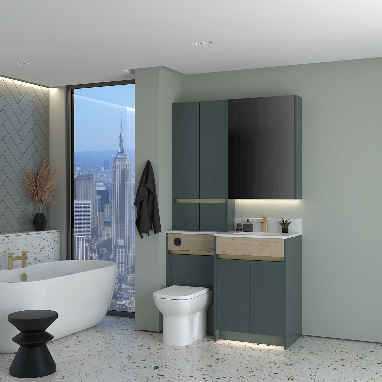 ELANA OAK / MATT WITH BRASS PROFILE & TAP BASE, TALL & WALL UNITS BATHROOM FITTED FURNITURE