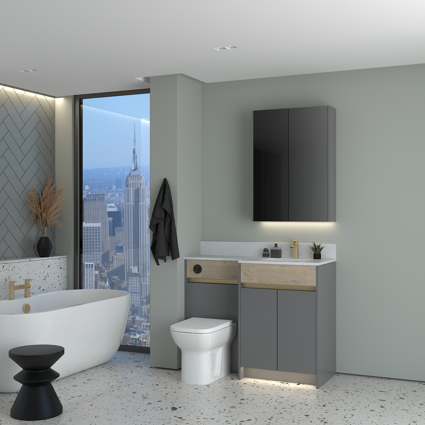 ELANA OAK / MATT WITH BRASS PROFILE & TAP BASE & WALL UNITS BATHROOM FITTED FURNITURE