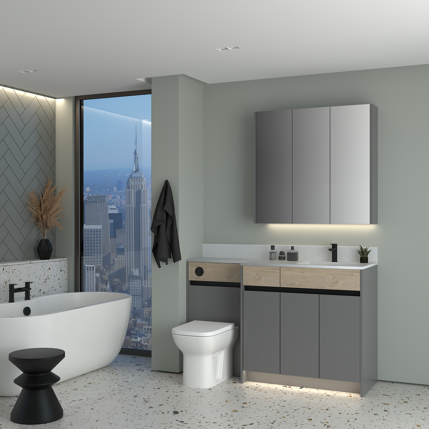 ELANA OAK / MATT WITH BLACK PROFILE & TAP BASE & WALL UNITS BATHROOM FITTED FURNITURE