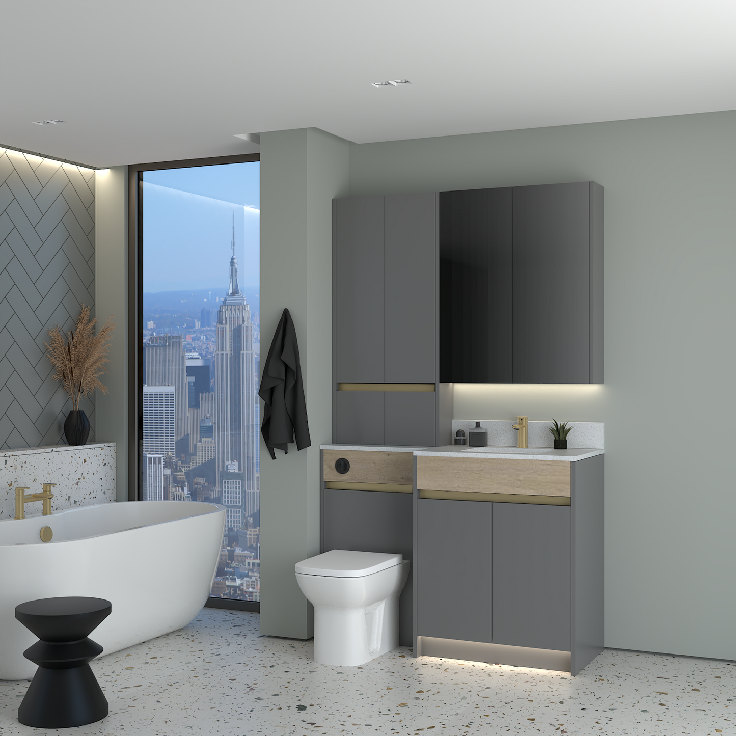 ELANA OAK / MATT WITH BRASS PROFILE & TAP BASE, TALL & WALL UNITS BATHROOM FITTED FURNITURE