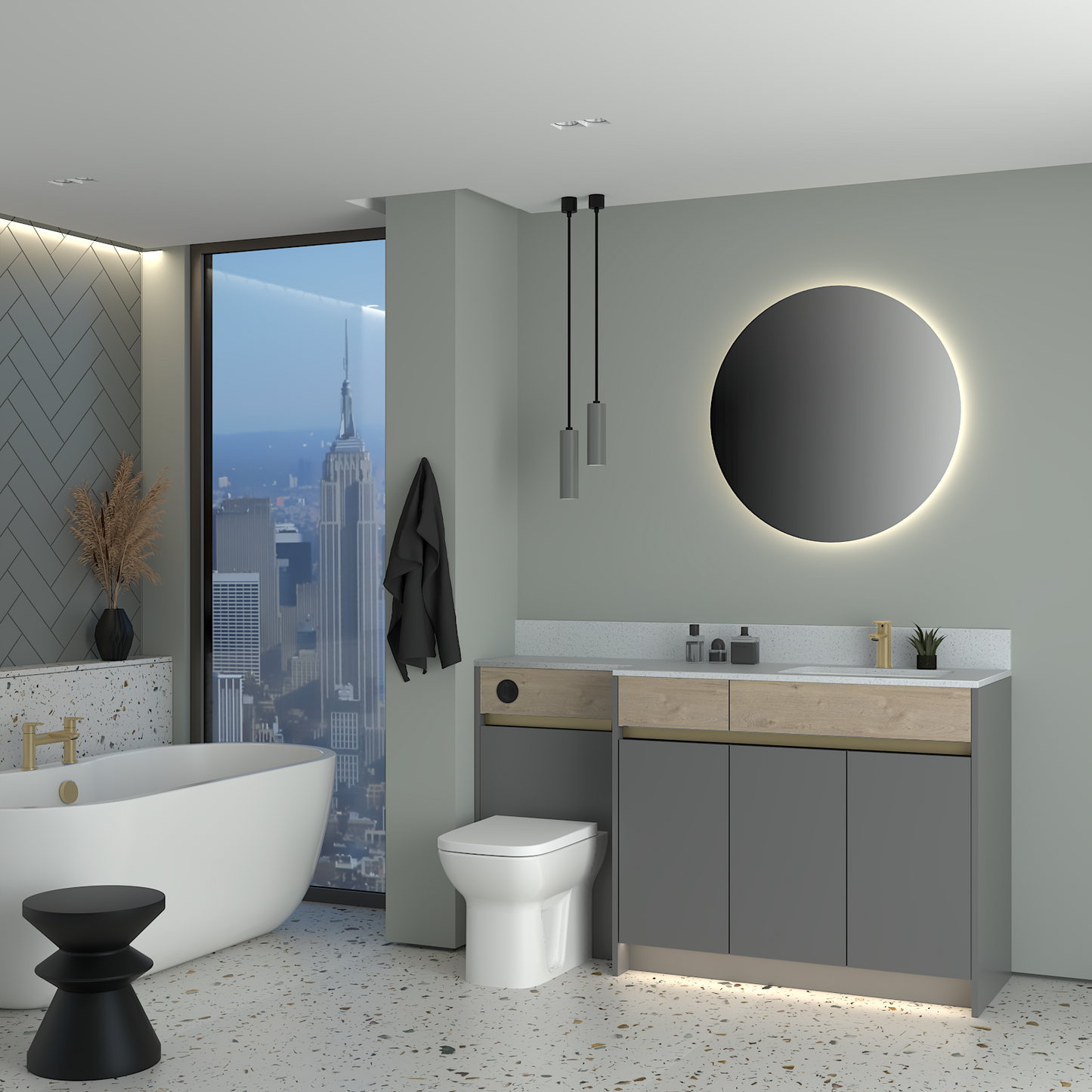 ELANA OAK / MATT WITH BRASS PROFILE & TAP BASE UNITS BATHROOM FITTED FURNITURE