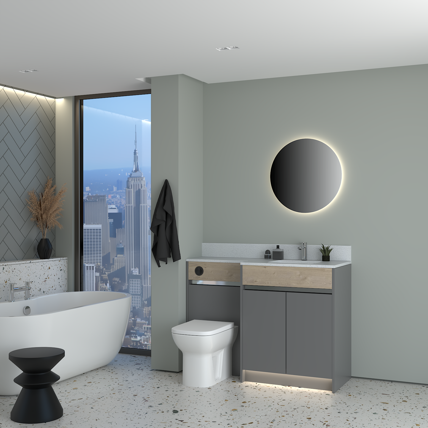 ELANA OAK / MATT WITH CHROME PROFILE & TAP BASE UNITS BATHROOM FITTED FURNITURE