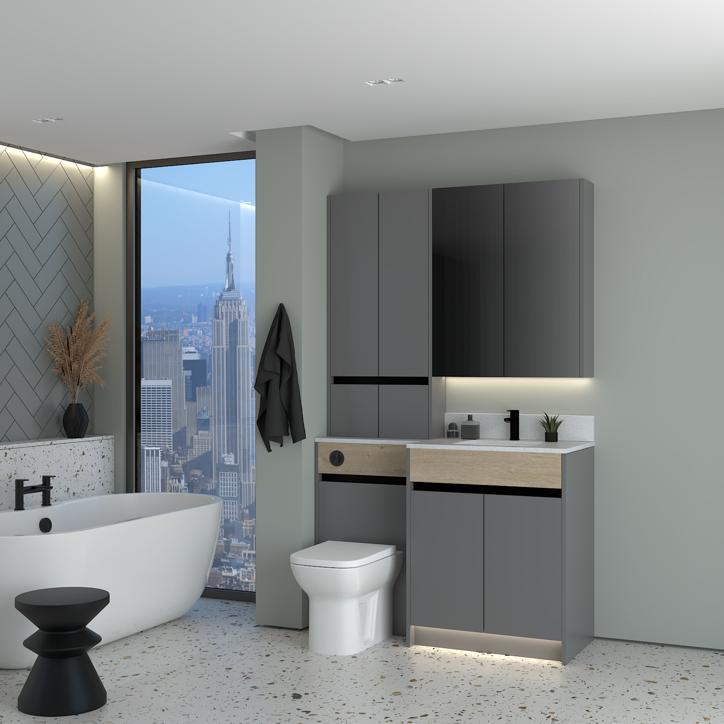 ELANA OAK / MATT WITH BLACK PROFILE & TAP BASE, TALL & WALL UNITS BATHROOM FITTED FURNITURE