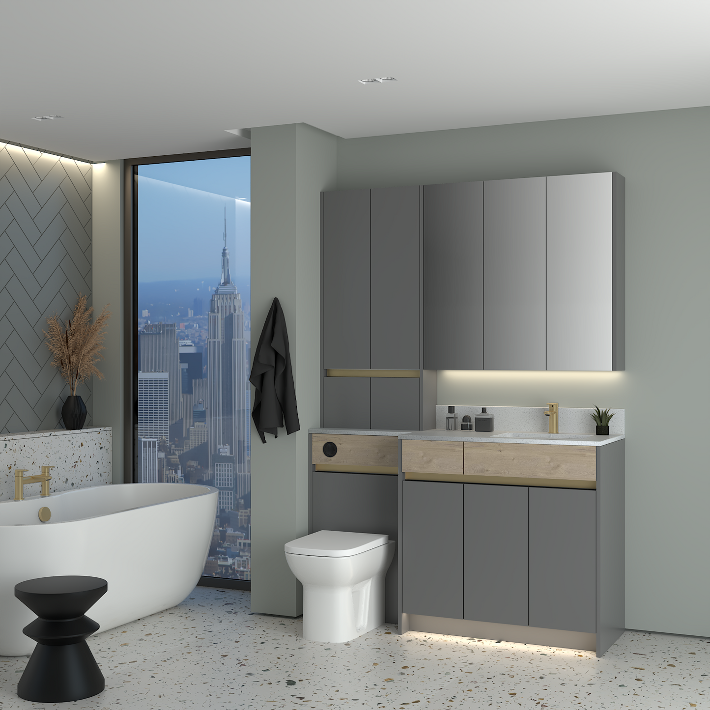 ELANA OAK / MATT WITH BRASS PROFILE & TAP BASE, TALL & WALL UNITS BATHROOM FITTED FURNITURE