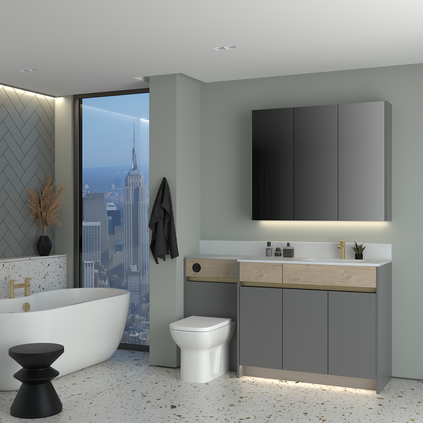 ELANA OAK / MATT WITH BRASS PROFILE & TAP BASE & WALL UNITS BATHROOM FITTED FURNITURE
