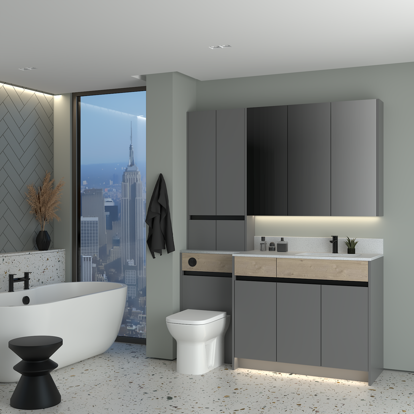 ELANA OAK / MATT WITH BLACK PROFILE & TAP BASE, TALL & WALL UNITS BATHROOM FITTED FURNITURE