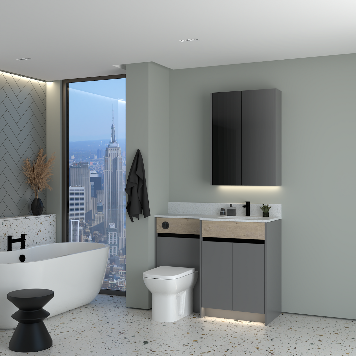 ELANA OAK / MATT WITH BLACK PROFILE & TAP BASE & WALL UNITS BATHROOM FITTED FURNITURE